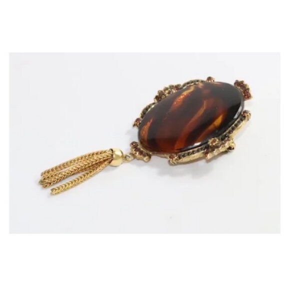 Vintage HOBE Faux Tortoiseshell Gold Tone Tassel Pin Brooch - Picture 2 of 5